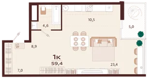 Планировка 1-комн. квартира, 59.4 м² ЖК «Роялта»