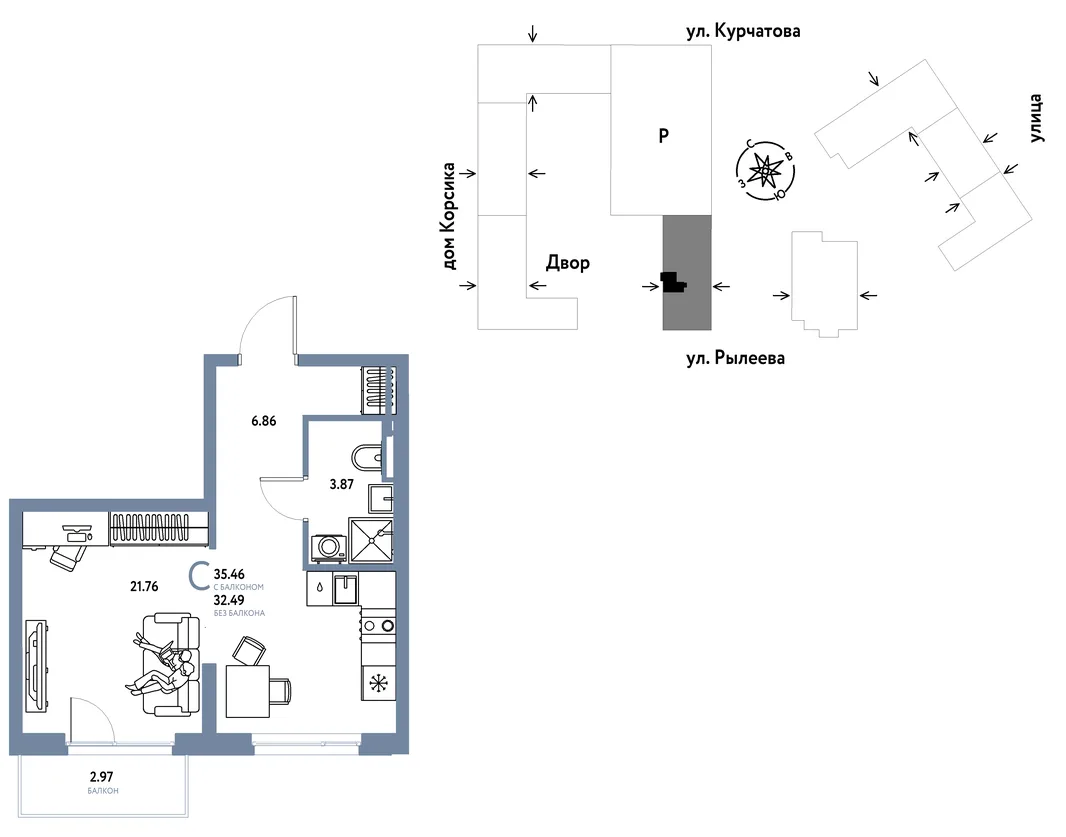 Планировка Студия, 35.42 м² ЖК «Остров-сад»