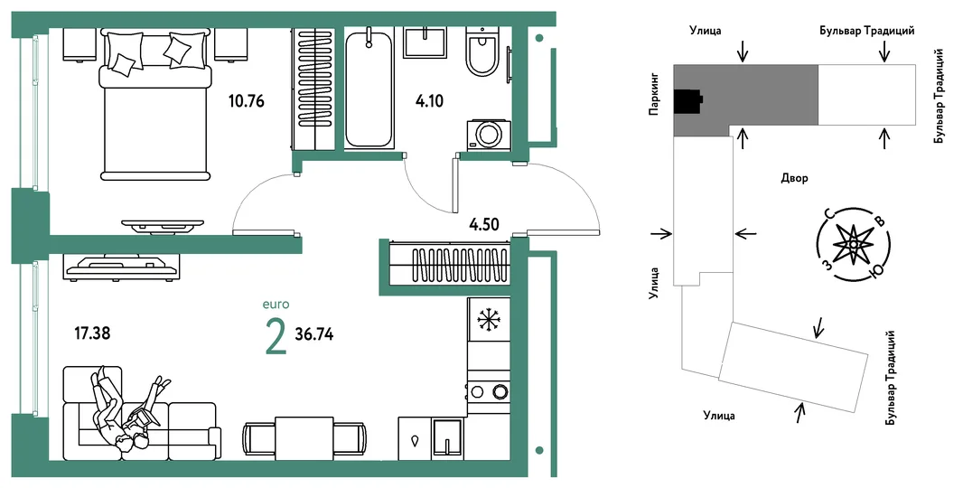 Планировка 2-комн. квартира, 36.74 м² ЖК «Микрорайон Домашний»