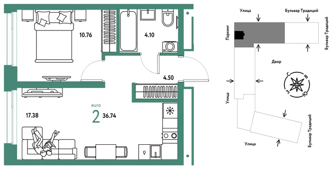Планировка 2-комн. квартира, 36.74 м² ЖК «Микрорайон Домашний» Планировка 2-комн. квартира, 36.74 м² ЖК «Микрорайон Домашний»