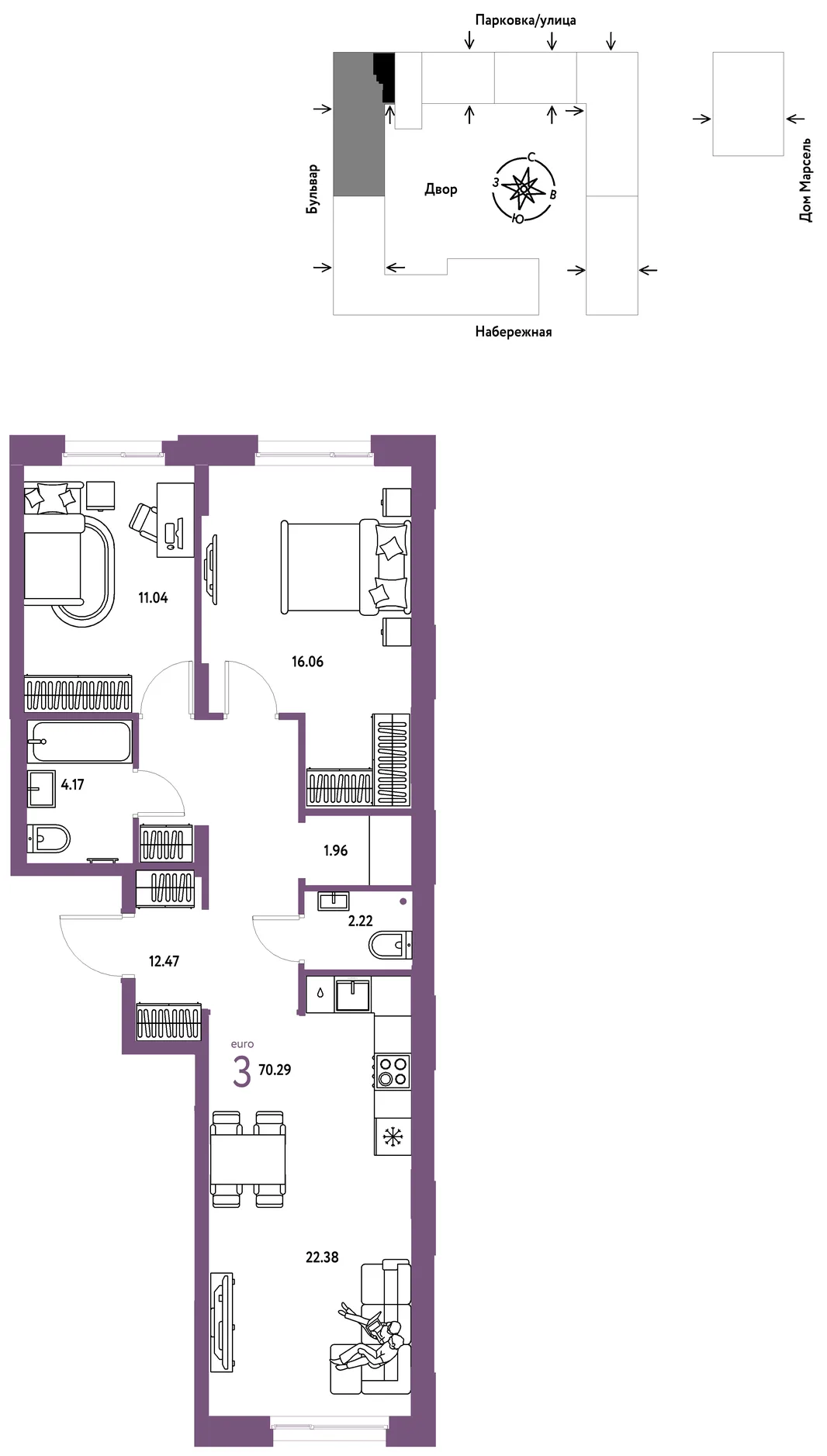 Планировка 3-комн. квартира, 70.29 м² ЖК «Европейский берег 2.0»