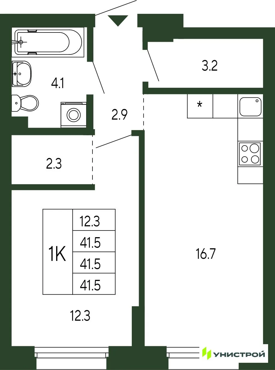 Планировка 1-комн. квартира, 41.5 м² ЖК «Парковый квартал 2.0»