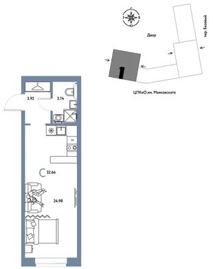 Планировка Студия, 32.64 м² ЖК «Сибирский сад»