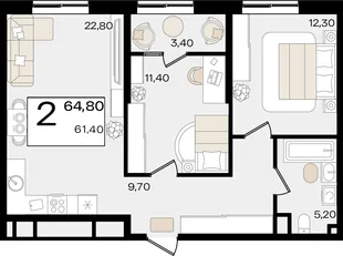 Планировка 2-комн. квартира, 64.8 м² ЖК «Патрики»