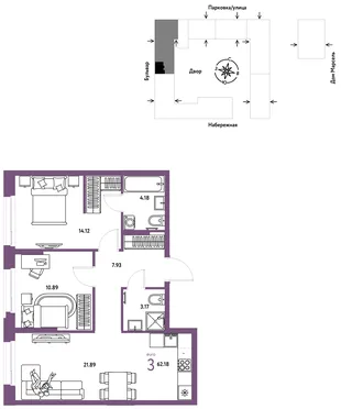 Планировка 3-комн. квартира, 62.18 м² ЖК «Европейский берег 2.0»
