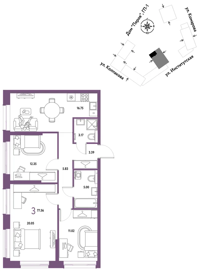 Планировка 3-комн. квартира, 77.56 м² ЖК «Страна.Парковая» Планировка 3-комн. квартира, 77.56 м² ЖК «Страна.Парковая»
