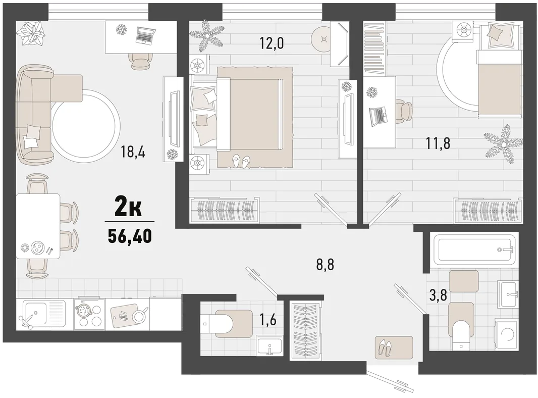 Планировка 2-комн. квартира, 56.4 м² ЖК «Барса»