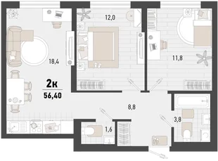 Планировка 2-комн. квартира, 56.4 м² ЖК «Барса»