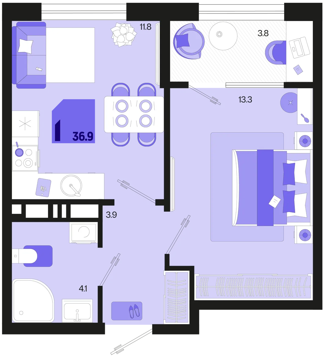 Планировка 1-комн. квартира, 36.9 м² ЖК «Первое место»