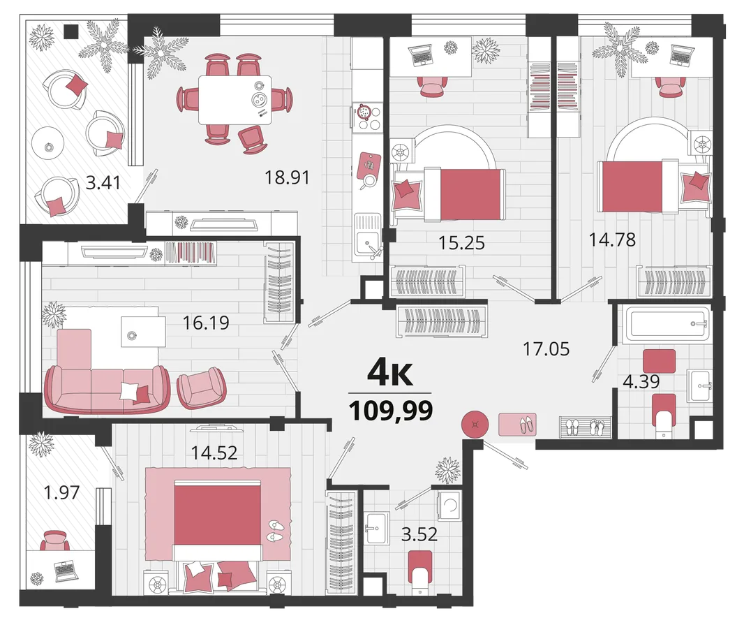 Планировка 4-комн. квартира, 108.05 м² ЖК «Родные просторы»