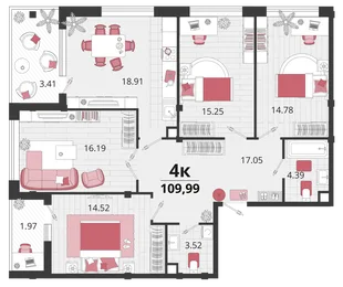 Планировка 4-комн. квартира, 108.05 м² ЖК «Родные просторы»