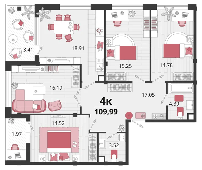 Планировка 4-комн. квартира, 108.05 м² ЖК «Родные просторы»
