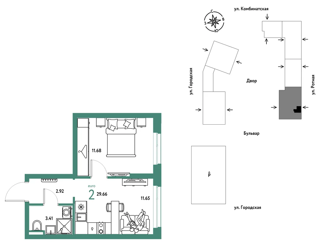 Планировка 2-комн. квартира, 29.66 м² ЖК «Уральский сад»