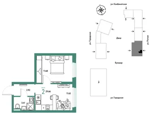 Планировка 2-комн. квартира, 29.66 м² ЖК «Уральский сад»