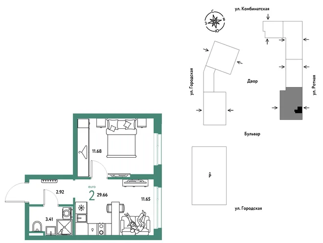 Планировка 2-комн. квартира, 29.66 м² ЖК «Уральский сад» Планировка 2-комн. квартира, 29.66 м² ЖК «Уральский сад»