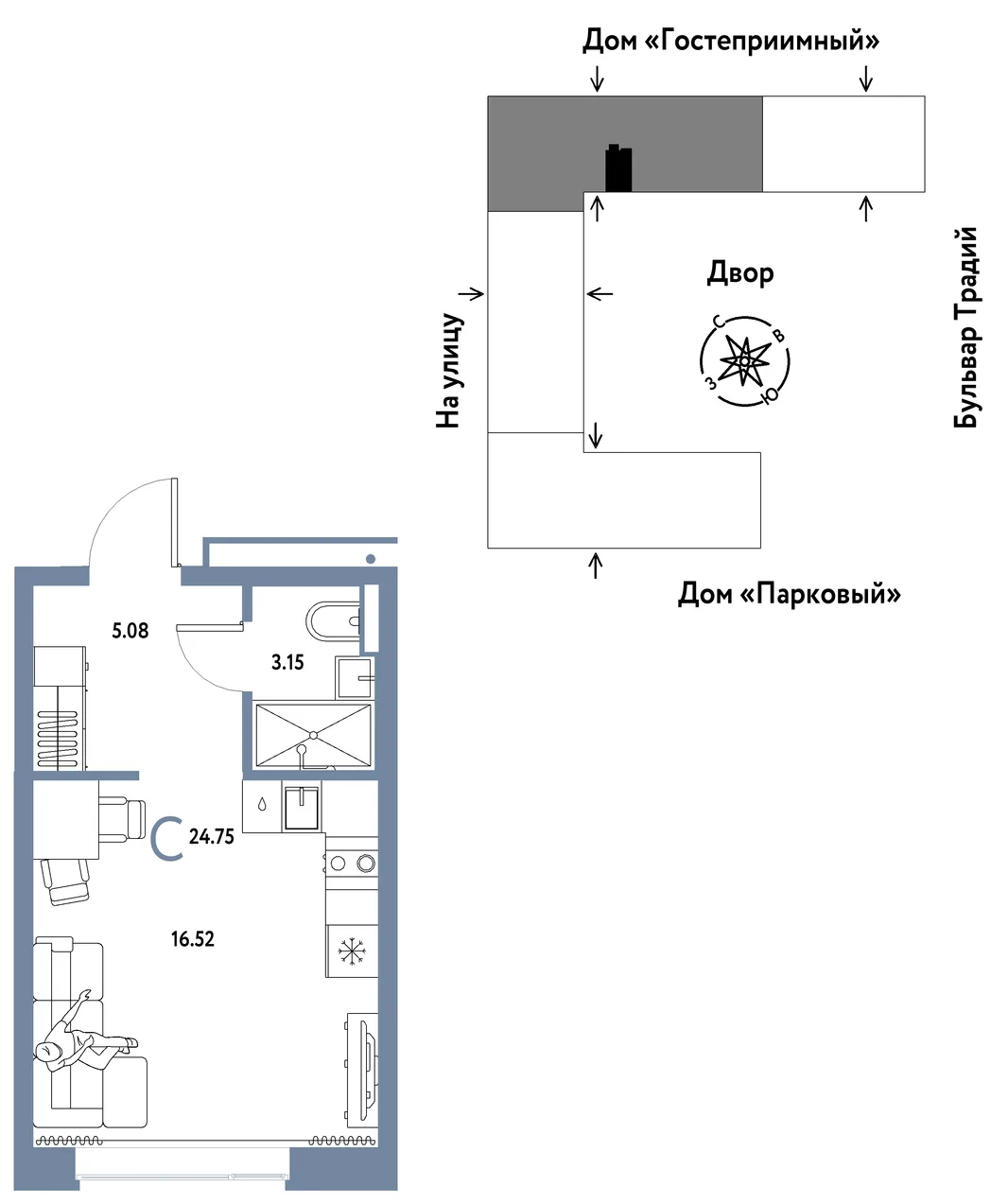 Планировка Студия, 24.75 м² ЖК «Микрорайон Домашний»