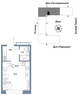 Планировка Студия, 24.75 м² ЖК «Микрорайон Домашний»