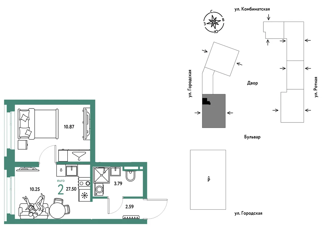 Планировка 2-комн. квартира, 27.5 м² ЖК «Уральский сад»