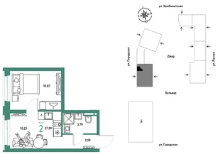 Планировка 2-комн. квартира, 27.5 м² ЖК «Уральский сад»