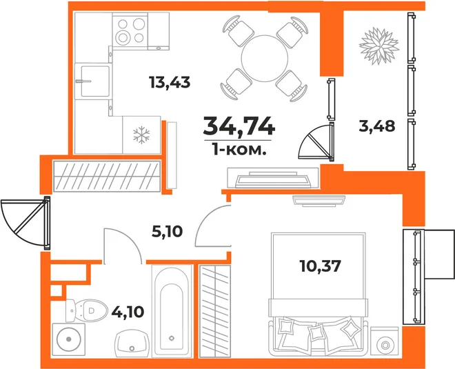 Планировка 1-комн. квартира, 34.74 м² ЖК «Живописный сад» Планировка 1-комн. квартира, 34.74 м² ЖК «Живописный сад»