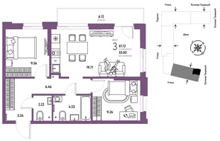 Планировка 3-комн. квартира, 61.12 м² ЖК «Микрорайон Домашний»