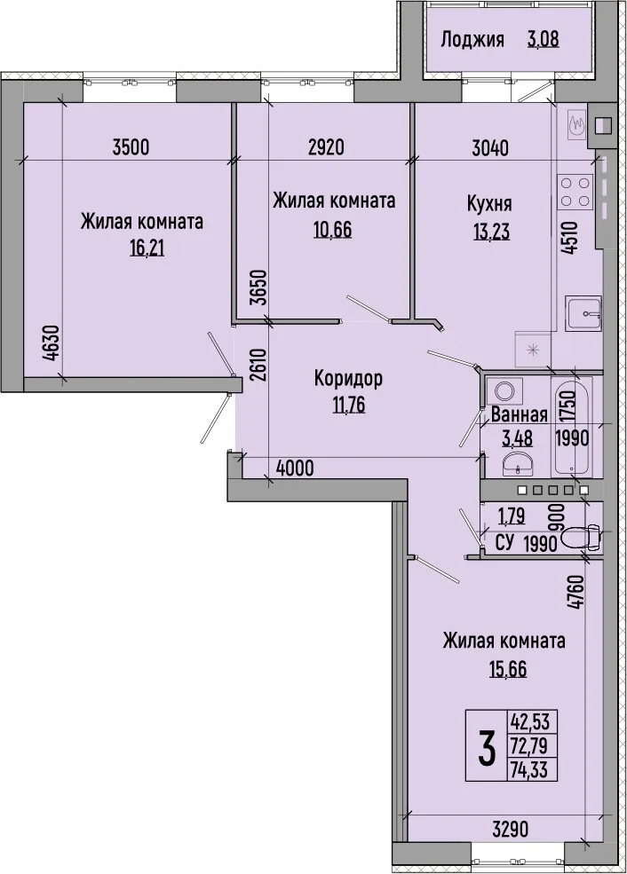 Планировка 3-комн. квартира, 74.33 м² ЖК «мкр. Долина»