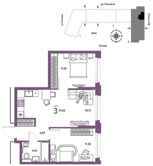 Планировка 3-комн. квартира, 51.7 м² ЖК «Авторский»