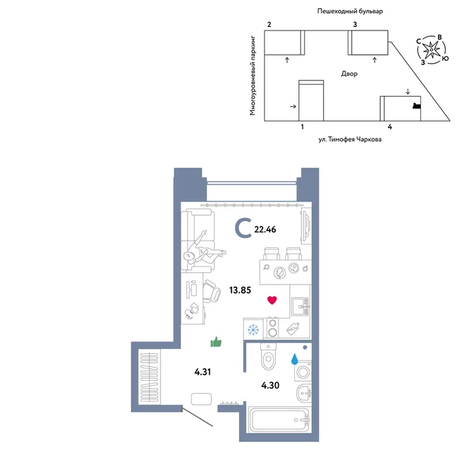 Планировка Студия, 22.46 м² ЖК «Микрорайон Звездный»