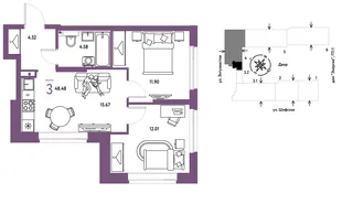 Планировка 3-комн. квартира, 48.48 м² ЖК «Страна.Энтузиастов»