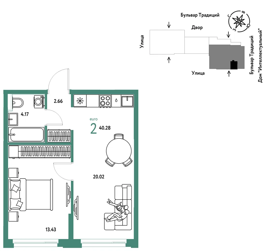 Планировка 2-комн. квартира, 40.28 м² ЖК «Микрорайон Домашний»