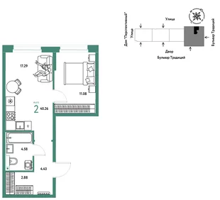 Планировка 2-комн. квартира, 40.26 м² ЖК «Микрорайон Домашний»