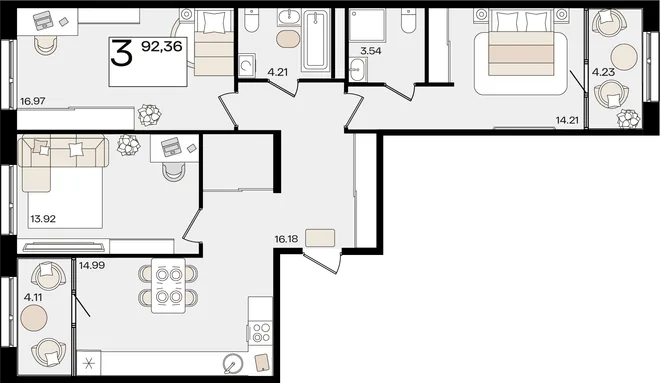 Планировка 3-комн. квартира, 92.27 м² ЖК «Патрики» Планировка 3-комн. квартира, 92.27 м² ЖК «Патрики»