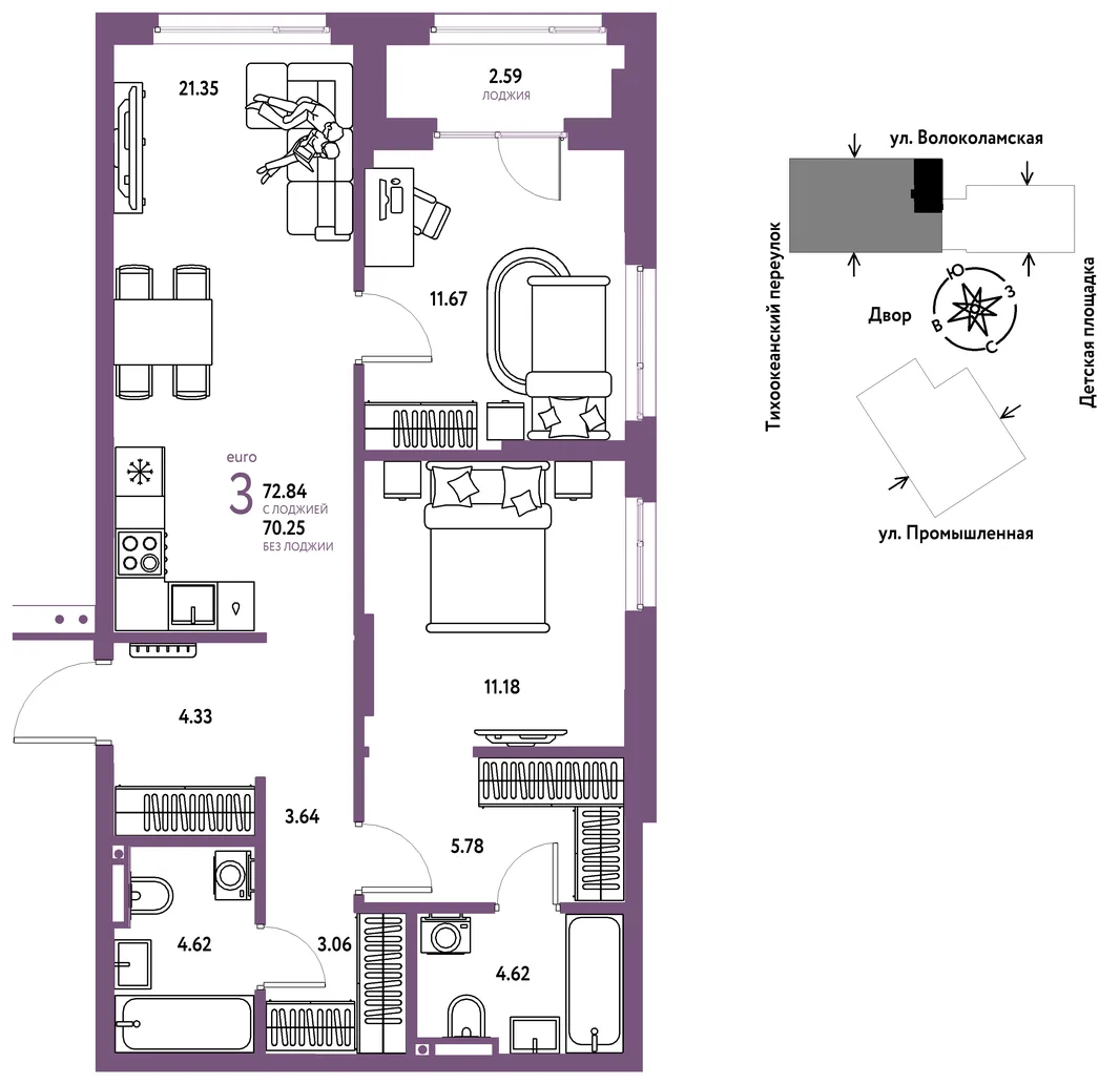 Планировка 3-комн. квартира, 72.84 м² ЖК «Страна Прибрежная»
