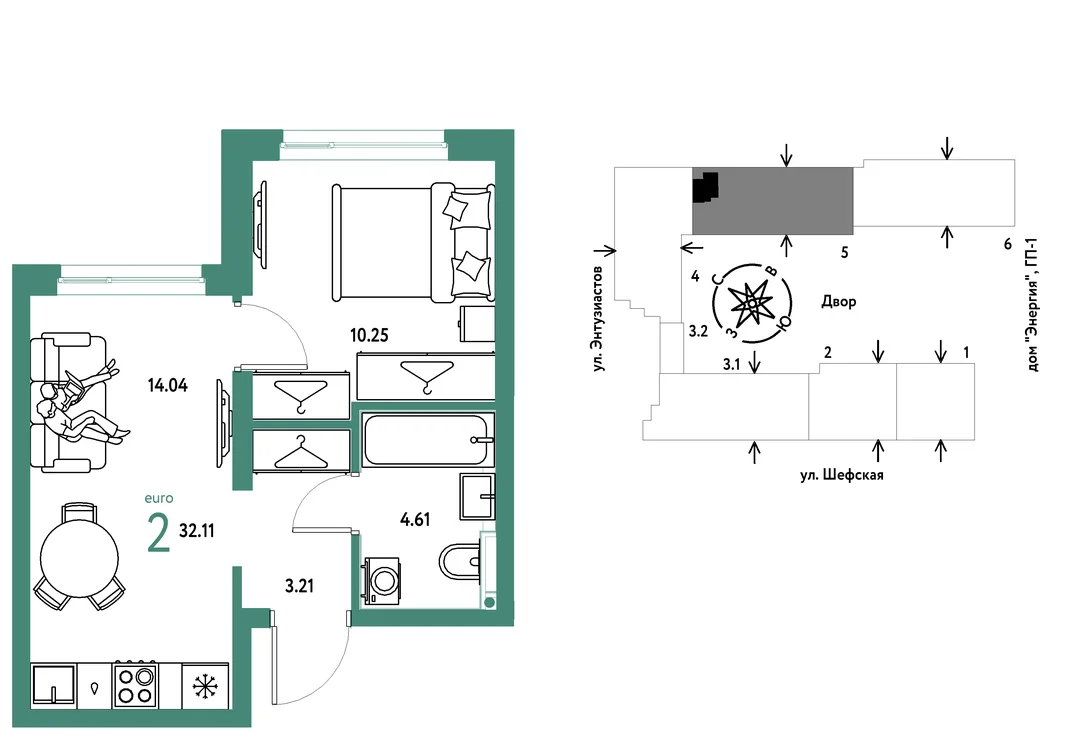 Планировка 2-комн. квартира, 32.11 м² ЖК «Страна.Энтузиастов»