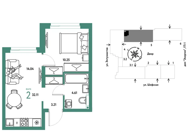 Планировка 2-комн. квартира, 32.11 м² ЖК «Страна.Энтузиастов» Планировка 2-комн. квартира, 32.11 м² ЖК «Страна.Энтузиастов»