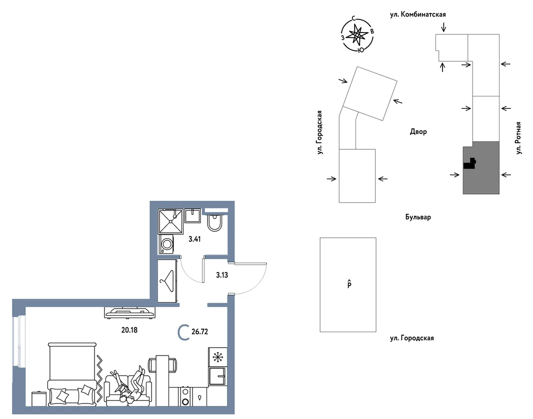 Планировка Студия, 26.72 м² ЖК «Уральский сад»