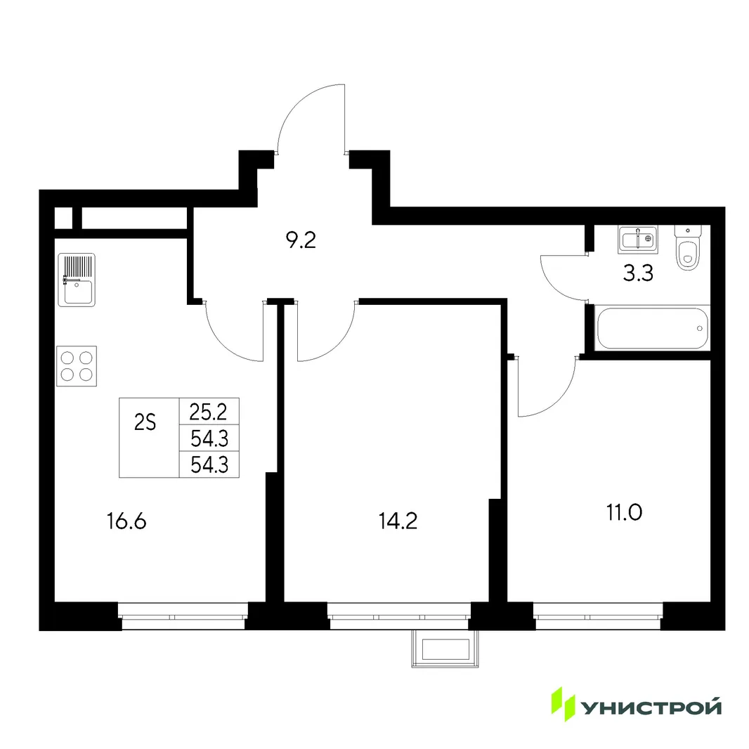 Планировка 2-комн. квартира, 54.3 м² ЖК «Стадиум»