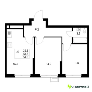 Планировка 2-комн. квартира, 54.3 м² ЖК «Стадиум»