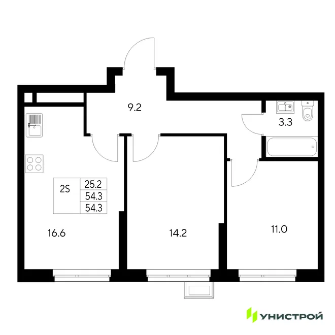 Планировка 2-комн. квартира, 54.3 м² ЖК «Стадиум»