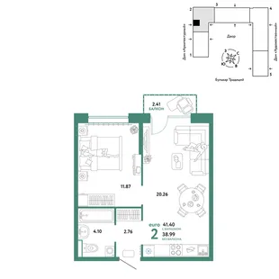 Планировка 2-комн. квартира, 41.4 м² ЖК «Микрорайон Домашний»