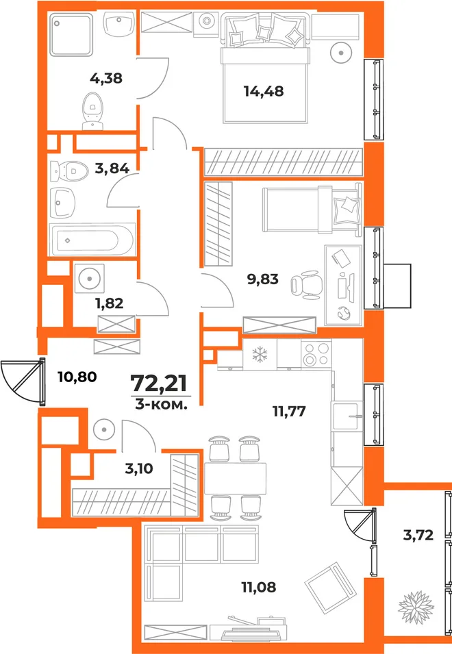 Планировка 3-комн. квартира, 72.21 м² ЖК «Живописный сад» Планировка 3-комн. квартира, 72.21 м² ЖК «Живописный сад»