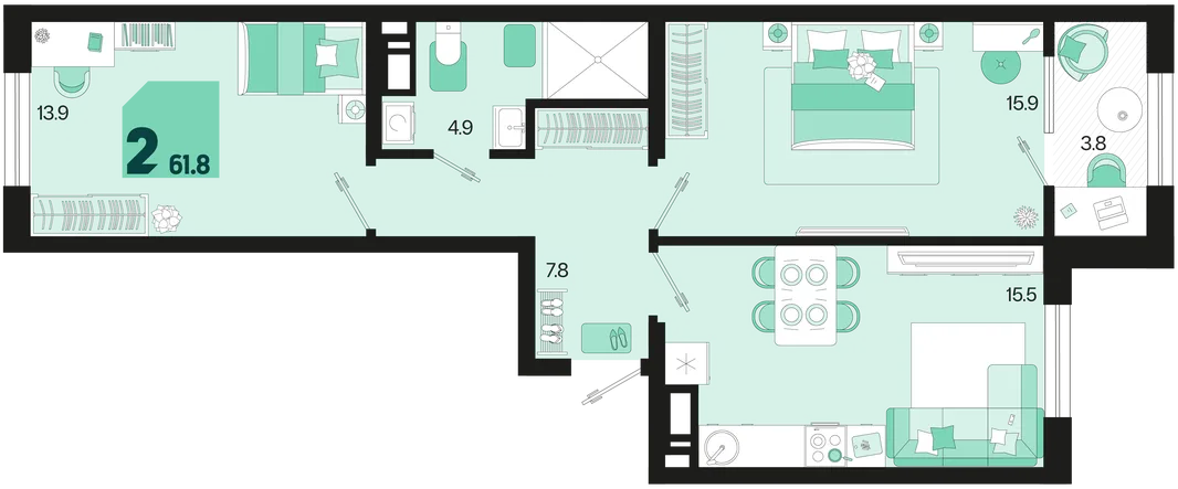 Планировка 2-комн. квартира, 61.8 м² ЖК «Первое место»