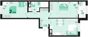 Планировка 2-комн. квартира, 61.8 м² ЖК «Первое место»