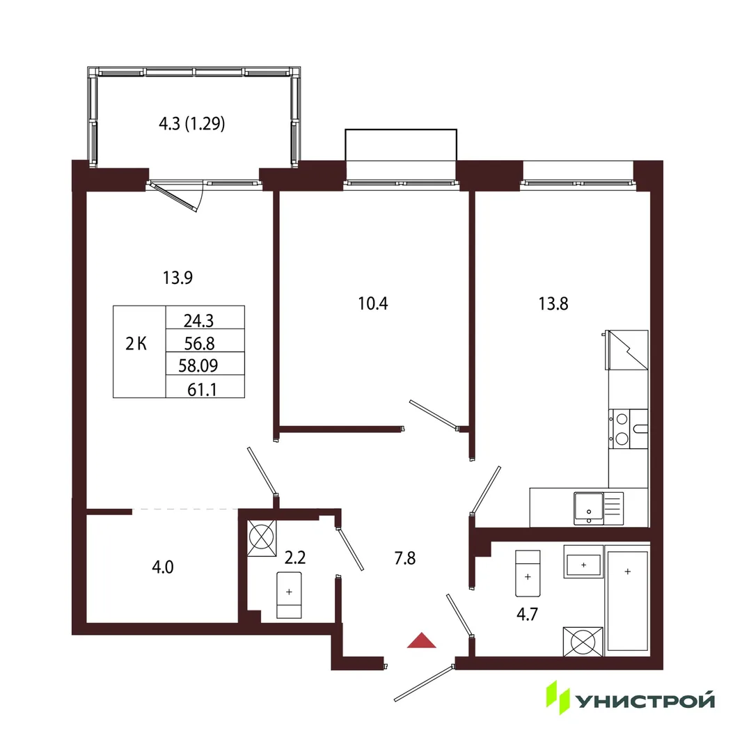 Планировка 2-комн. квартира, 58.09 м² ЖК «Лисино»