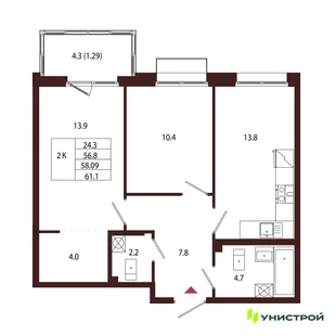 Планировка 2-комн. квартира, 58.09 м² ЖК «Лисино»