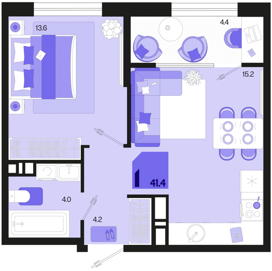 Планировка 1-комн. квартира, 41.4 м² ЖК «Первое место»