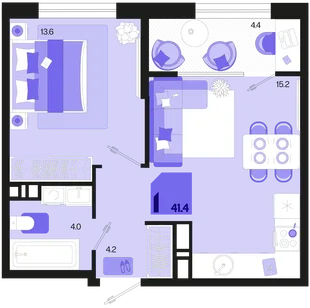 Планировка 1-комн. квартира, 41.4 м² ЖК «Первое место»