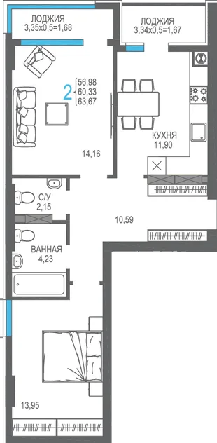 Планировка 2-комн. квартира, 60.33 м² ЖК «На Фонтанке»