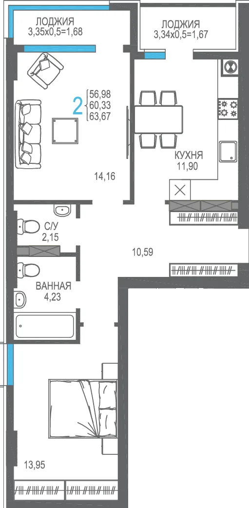 Планировка 2-комн. квартира, 60.33 м² ЖК «На Фонтанке»