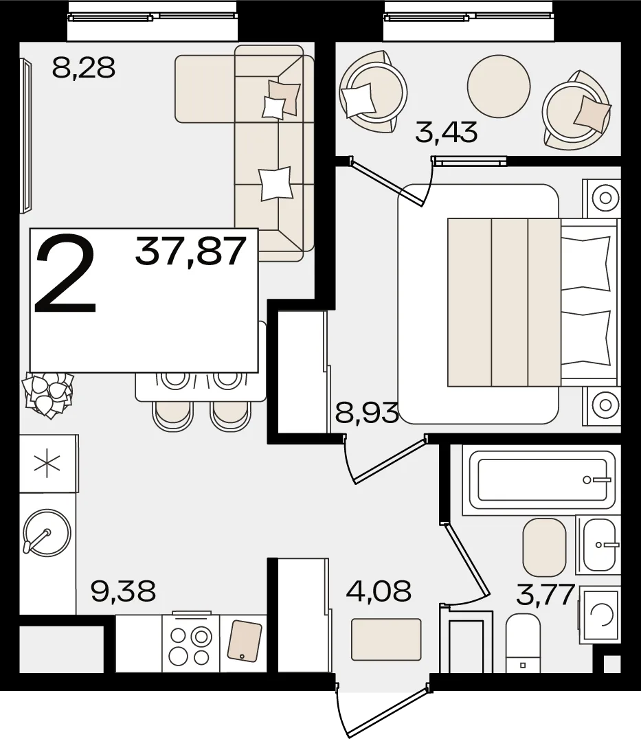 Планировка 2-комн. квартира, 37.87 м² ЖК «Патрики»
